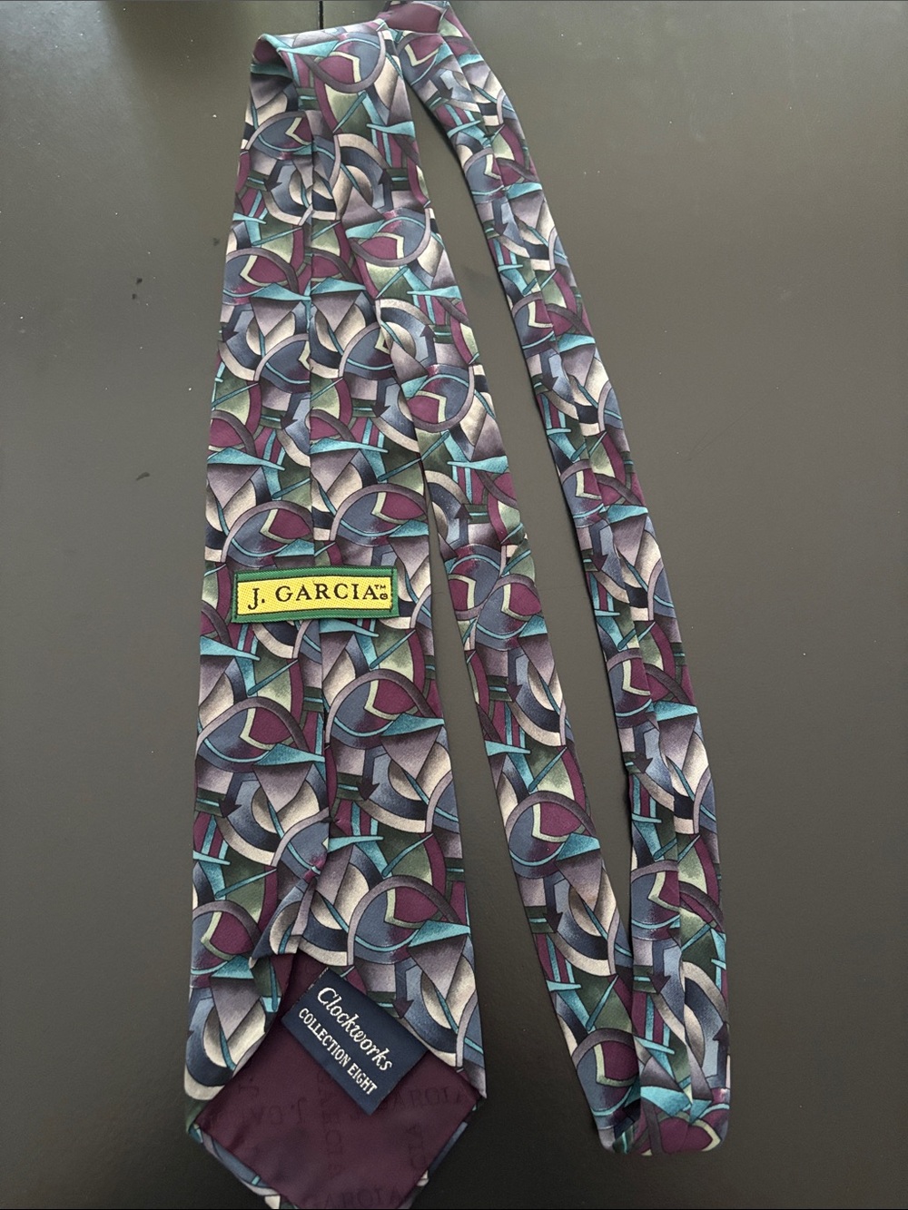 J. Garcia Silk Tie “Clockworks” Collection 8 Vintage 90s. Purple, Teal and Blue